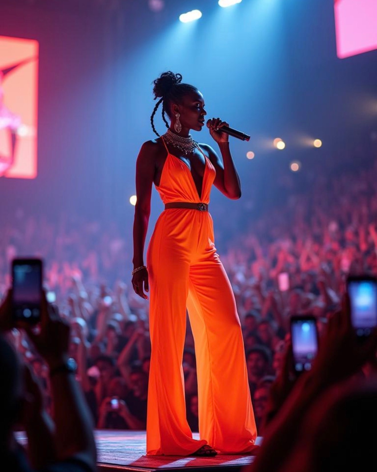 Artist in an orange outfit performing onstage before a crowd